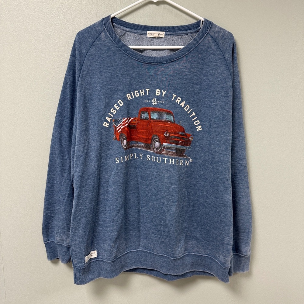 Simply Southern Blue Raised Right By Tradition Red Truck Sweatshirt Large